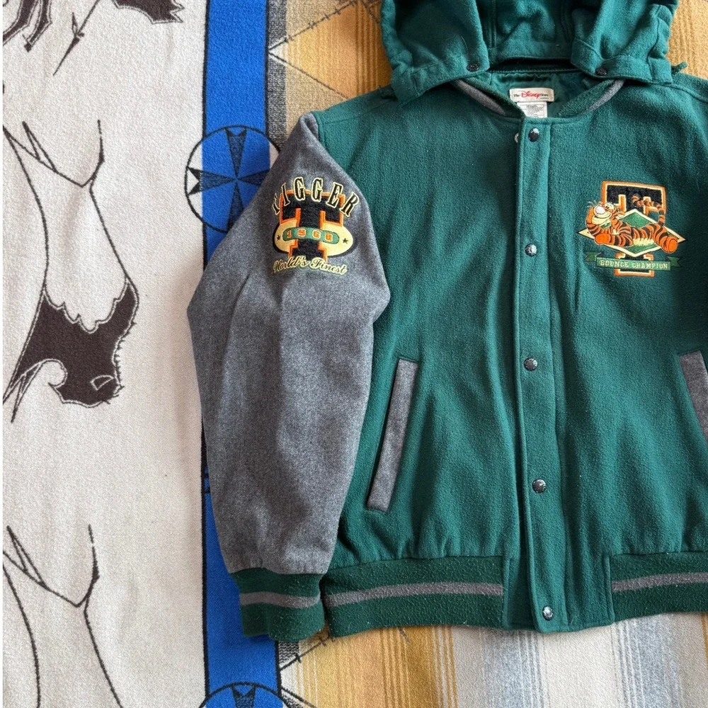 Vintage Disney Store Tigger Varsity Jacket Green Wool Blend Hooded Bomber Mens M - Picture 9 of 12